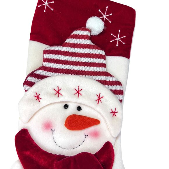 Christmas Snowman Holiday Stocking Red White Pom-pom Knit Hat Scarf 3D Puffy - Picture 1 of 8